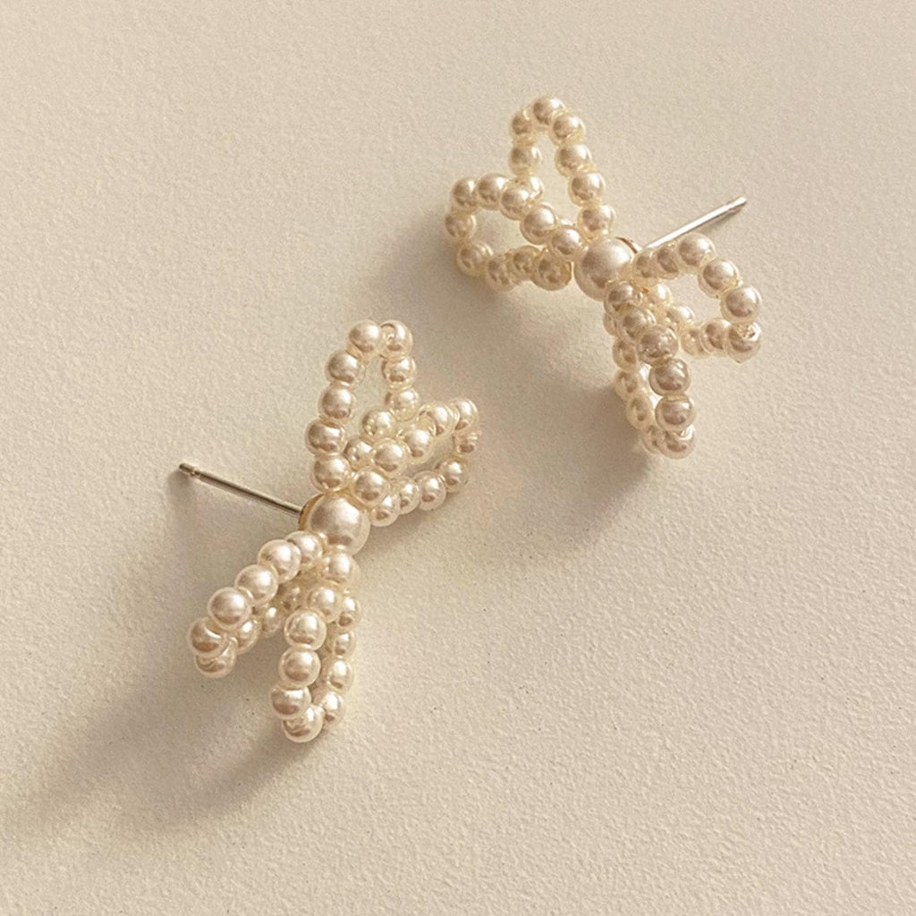 Double Bow Beaded Pearl Stud Earrings