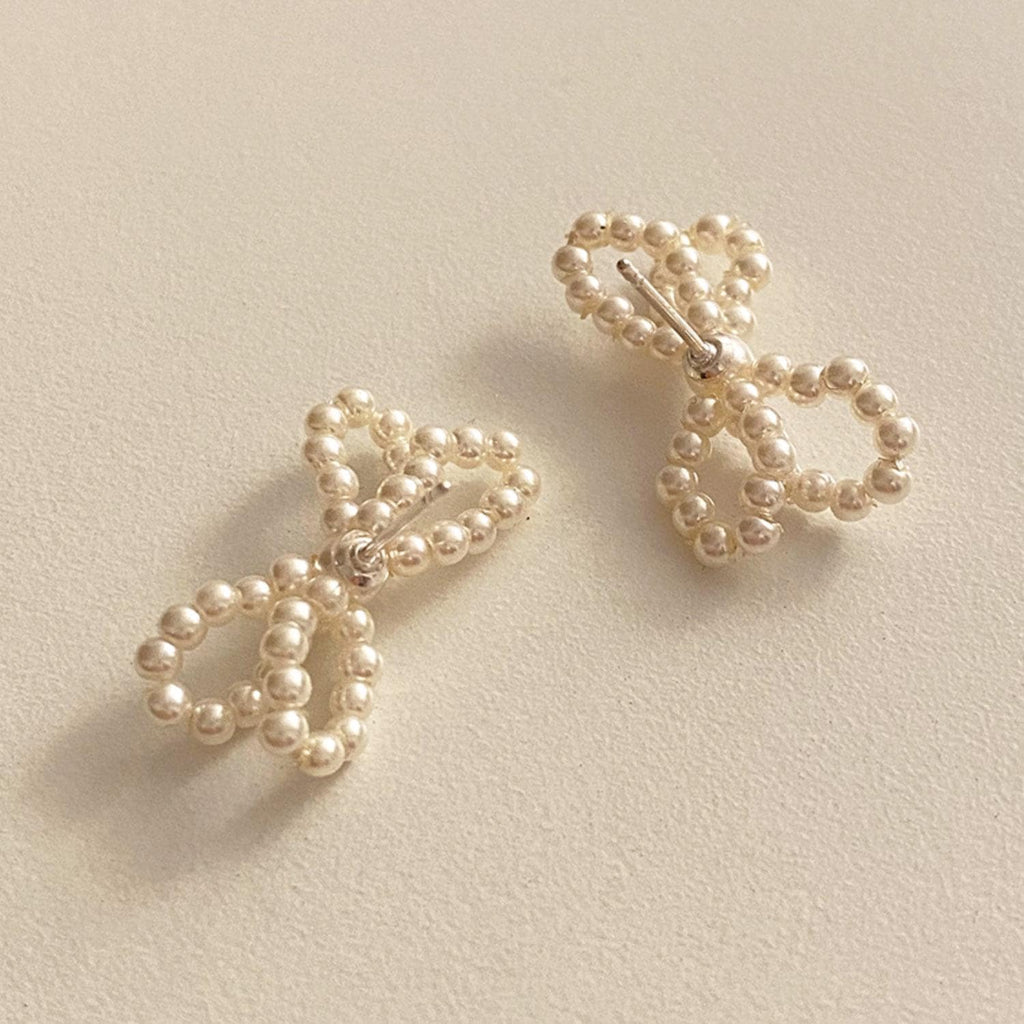 Double Bow Beaded Pearl Stud Earrings