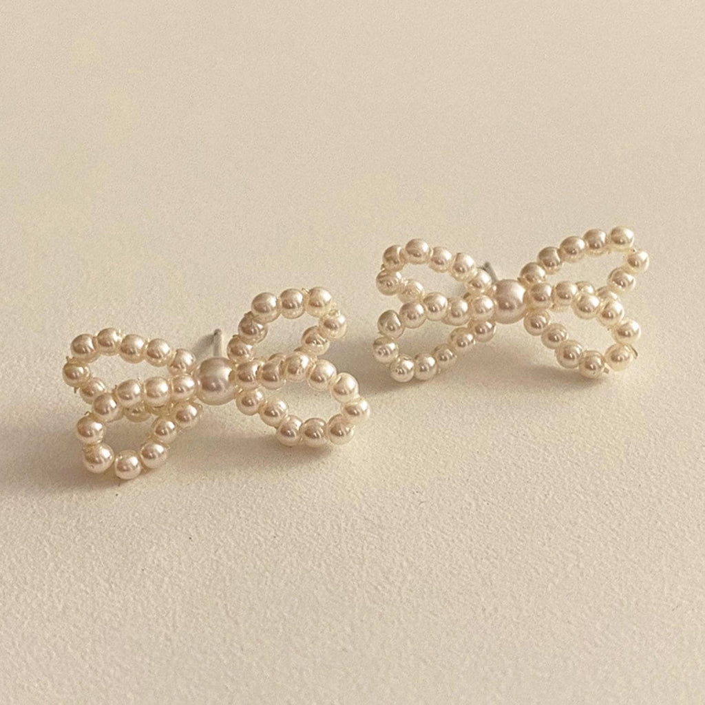 Double Bow Beaded Pearl Stud Earrings