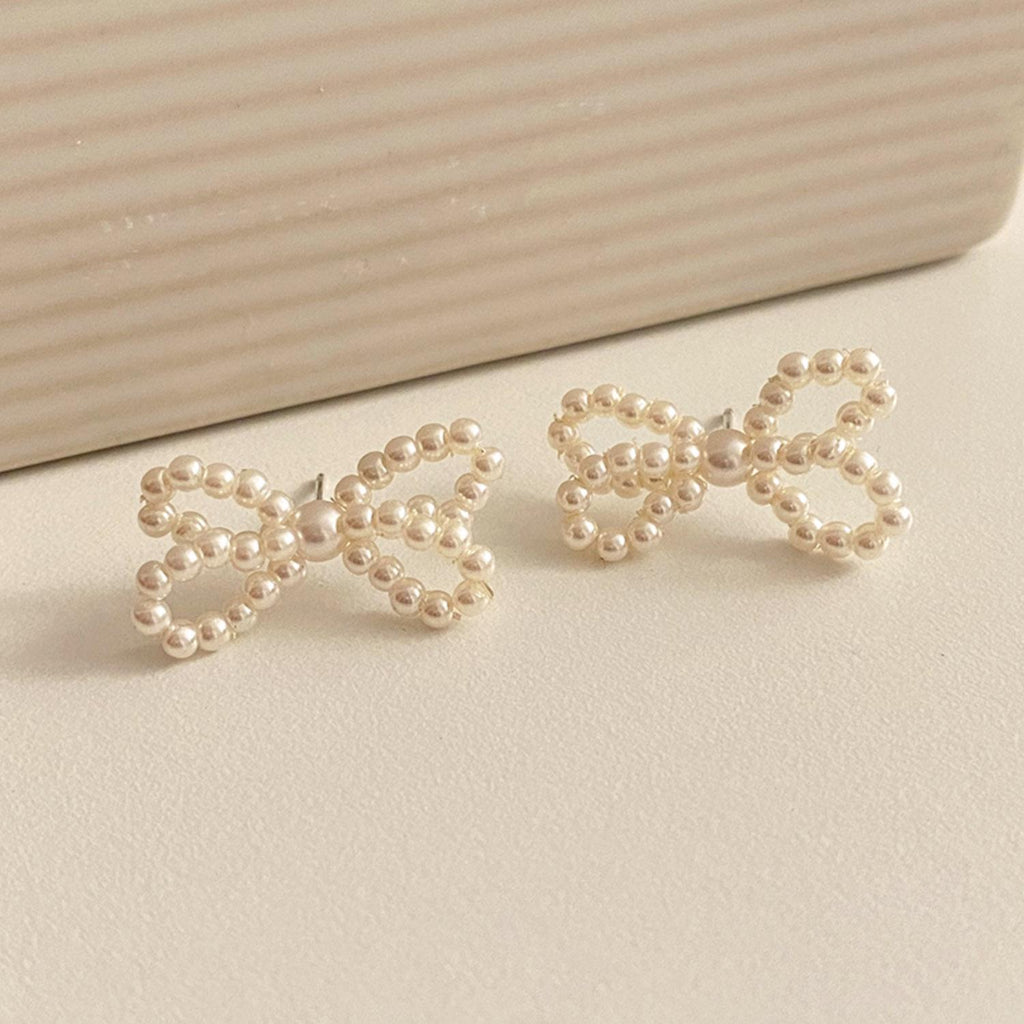Double Bow Beaded Pearl Stud Earrings