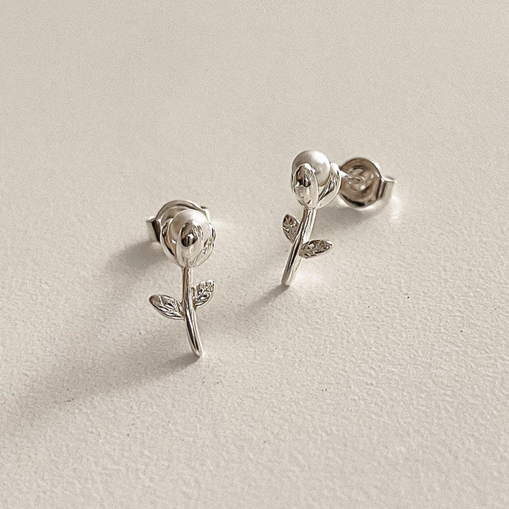 Mini Pearl Rose Bud Stud Earrings