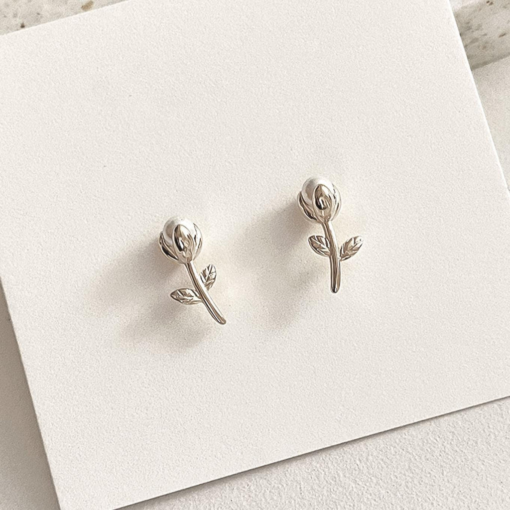 Mini Pearl Rose Bud Stud Earrings