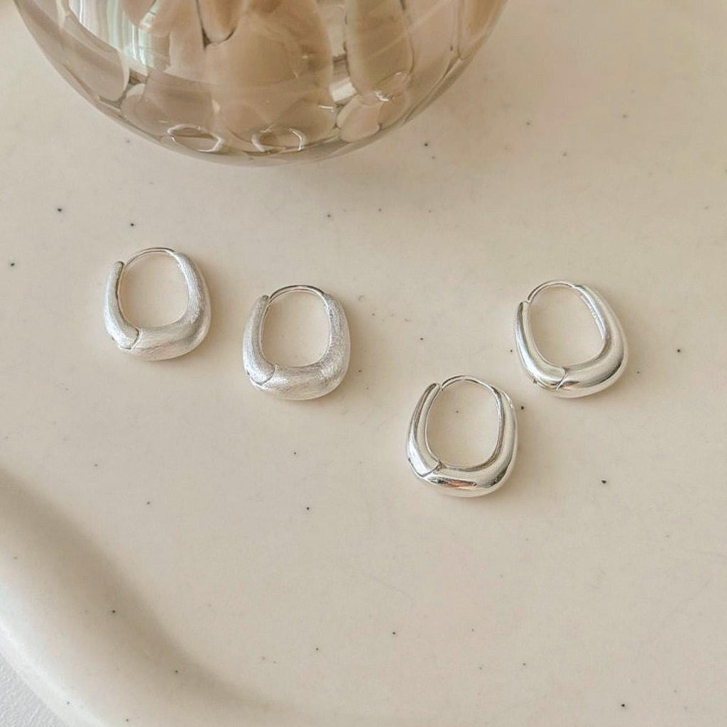 Round Square Matte Silver Hoop Earrings