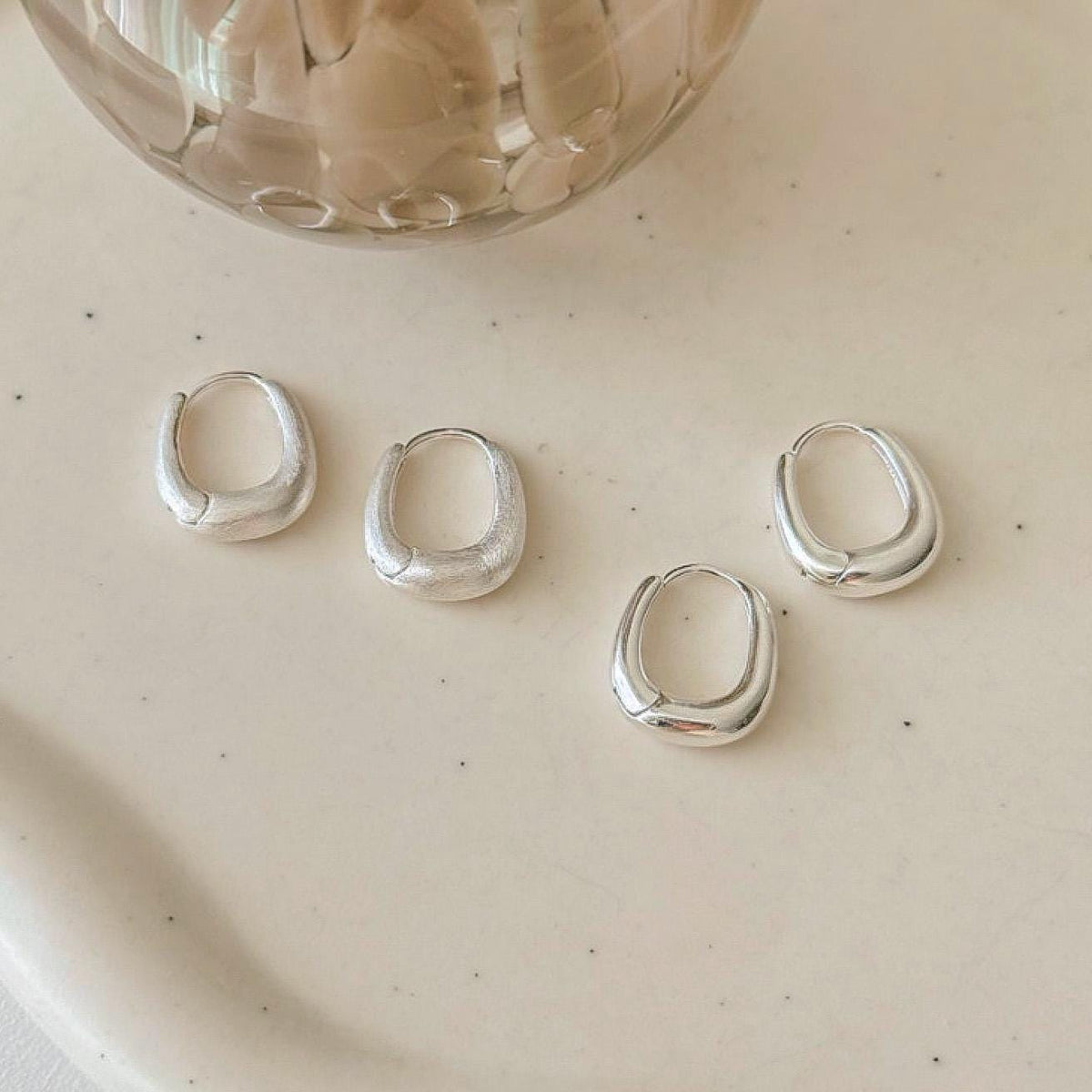 Round Square Matte Silver Hoop Earrings