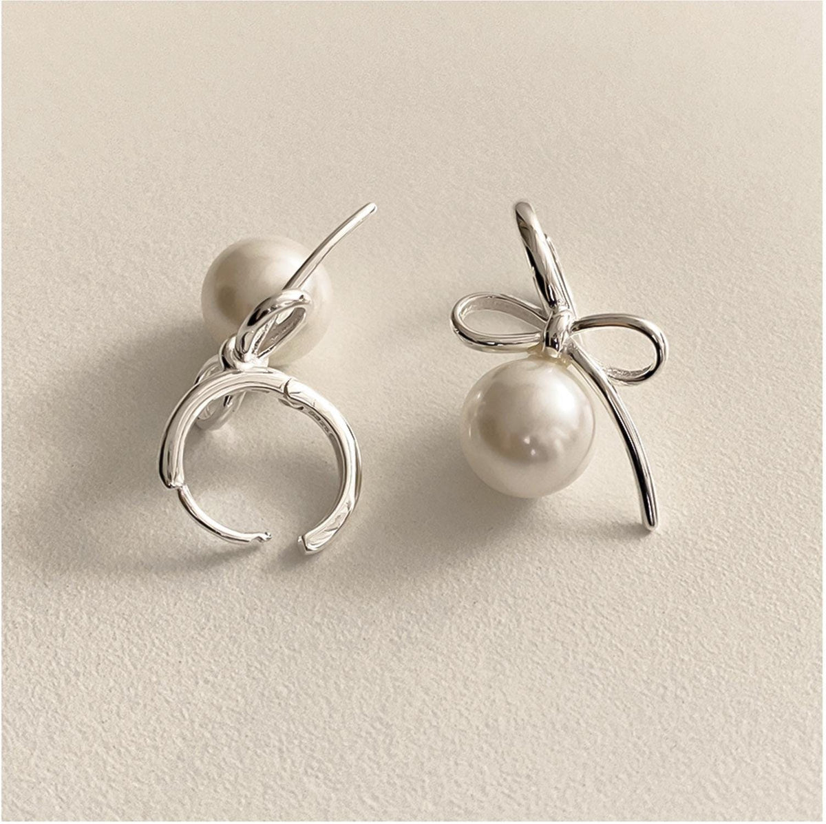 Ribbon Pearl Dangle Huggie Earrings