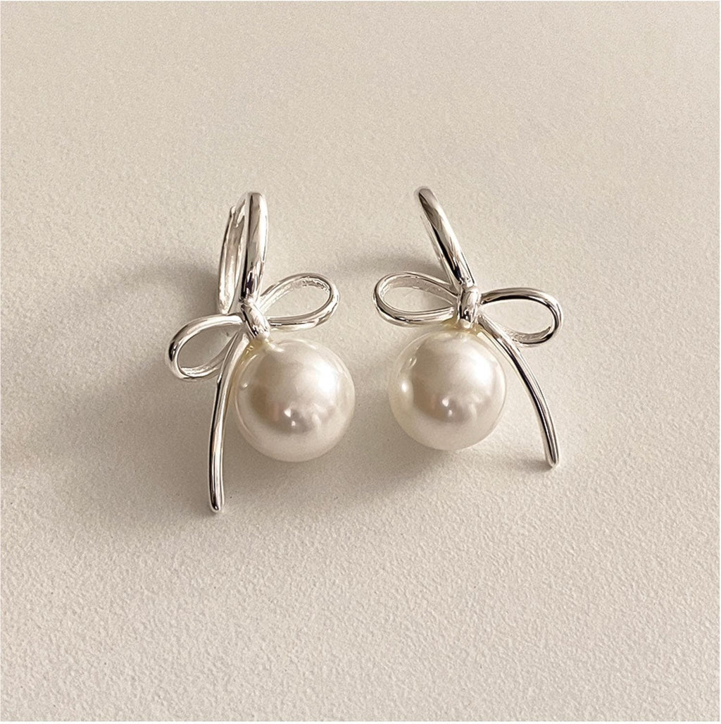 Ribbon Pearl Dangle Huggie Earrings