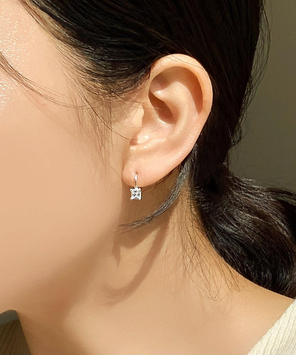 Square CZ Drop Huggie Earrings