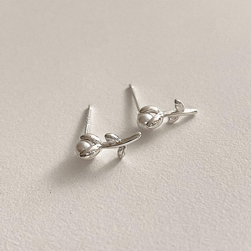 Mini Pearl Rose Bud Stud Earrings