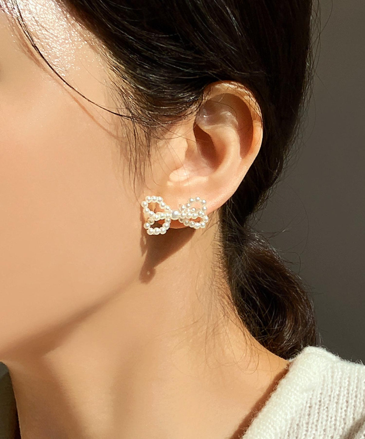 Double Bow Beaded Pearl Stud Earrings