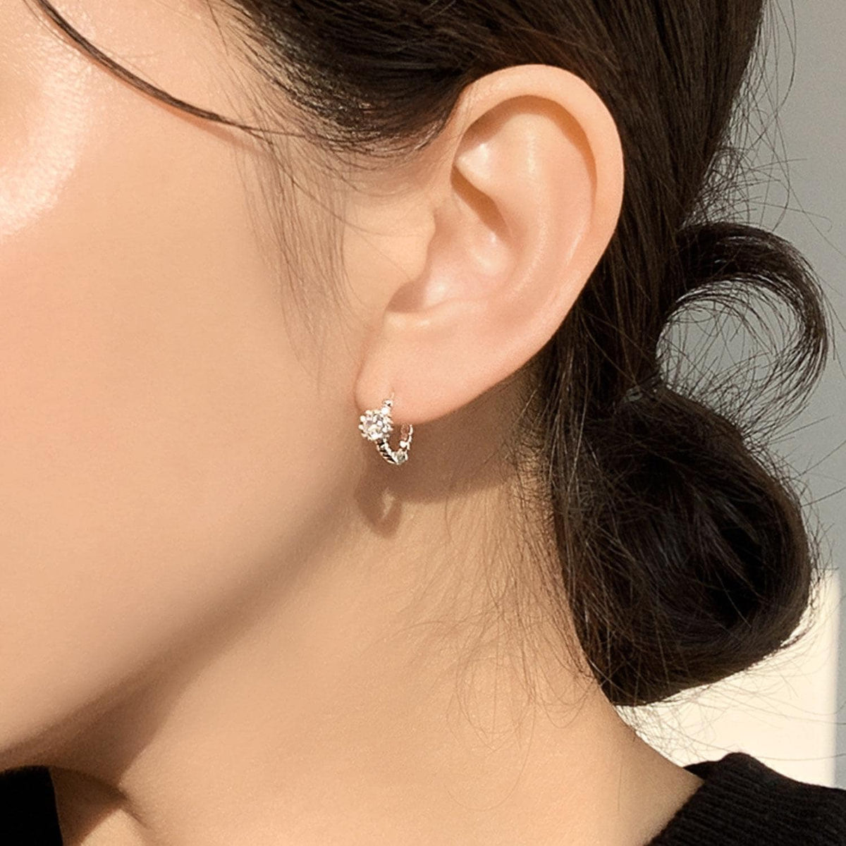 Flower Cup CZ Ball Huggie Earrings