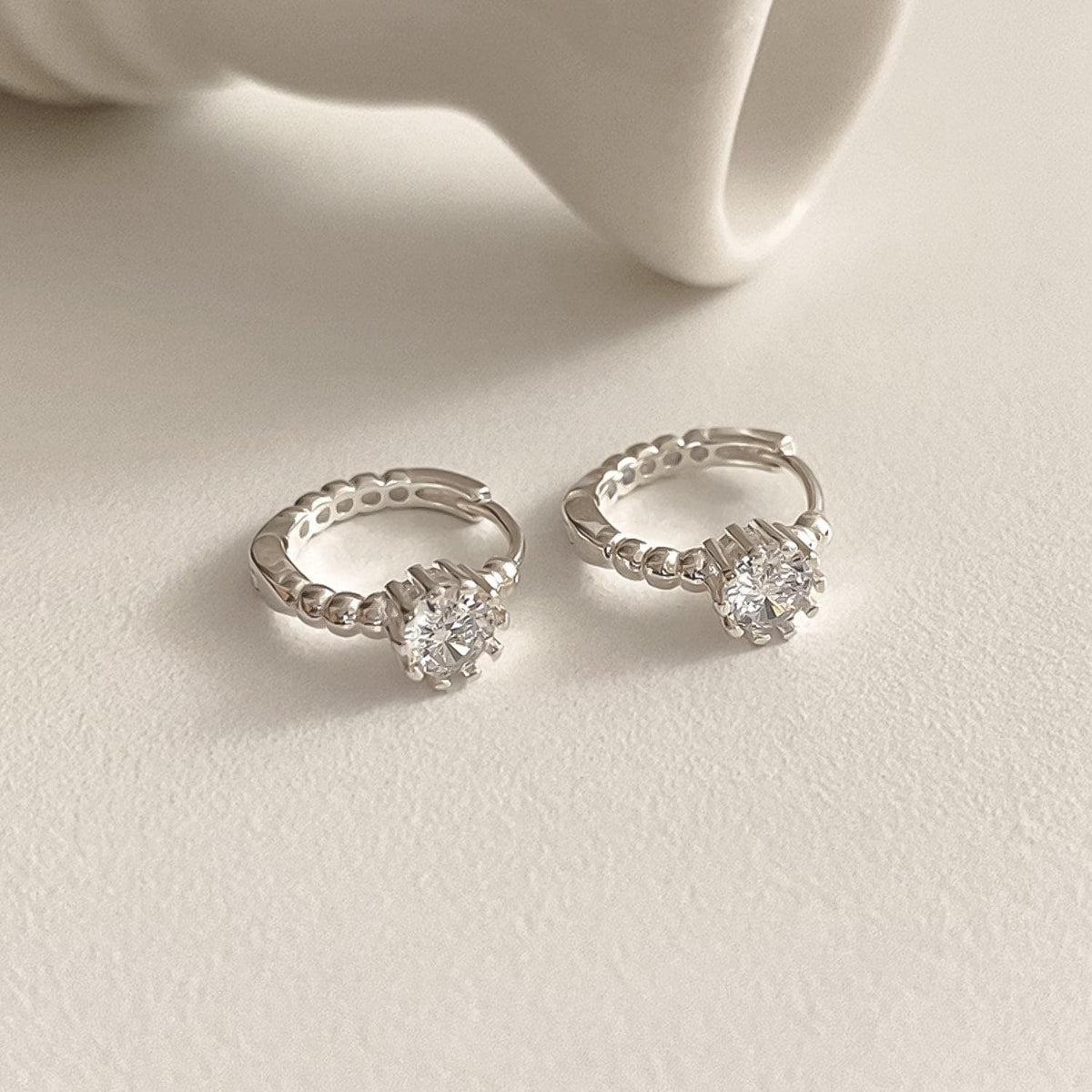 Flower Cup CZ Ball Huggie Earrings