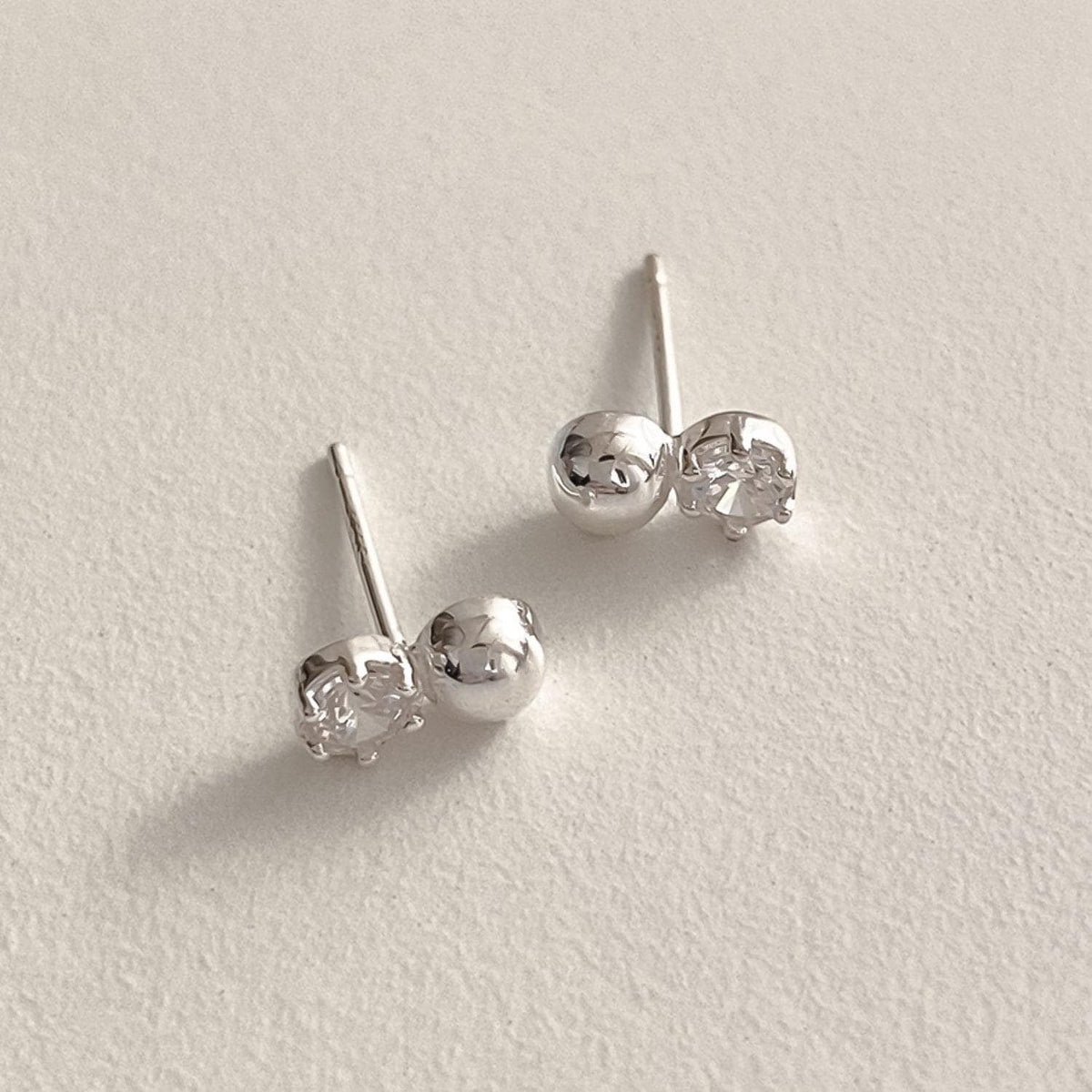 Minimalist Silver Ball & CZ Stud Earrings