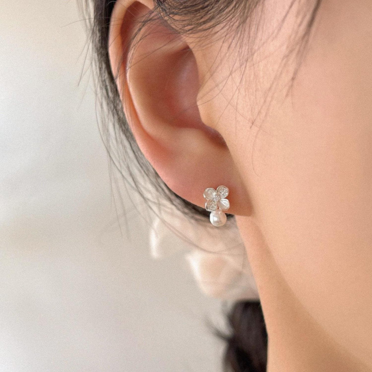 CZ Flower Freshwater Pearl Stud Earrings