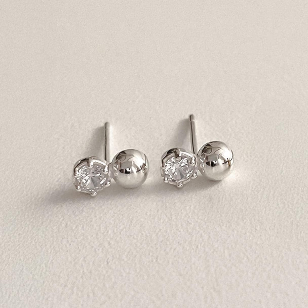 Minimalist Silver Ball & CZ Stud Earrings