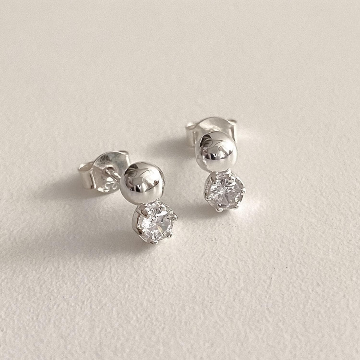 Minimalist Silver Ball & CZ Stud Earrings