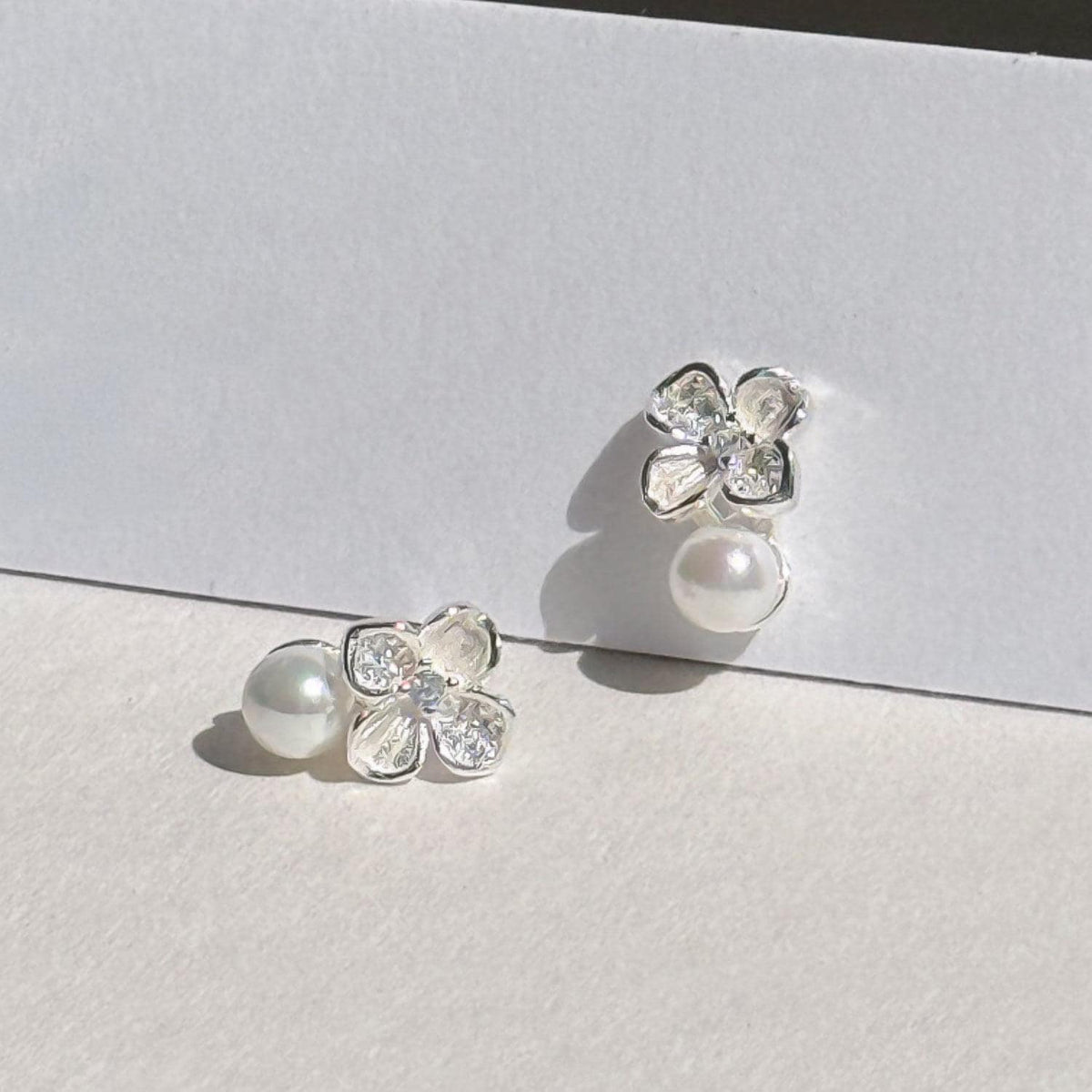 CZ Flower Freshwater Pearl Stud Earrings