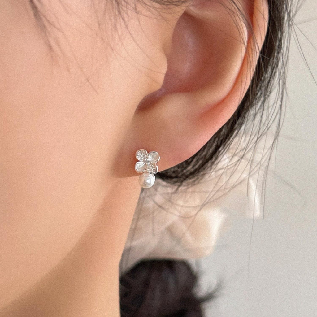 CZ Flower Freshwater Pearl Stud Earrings