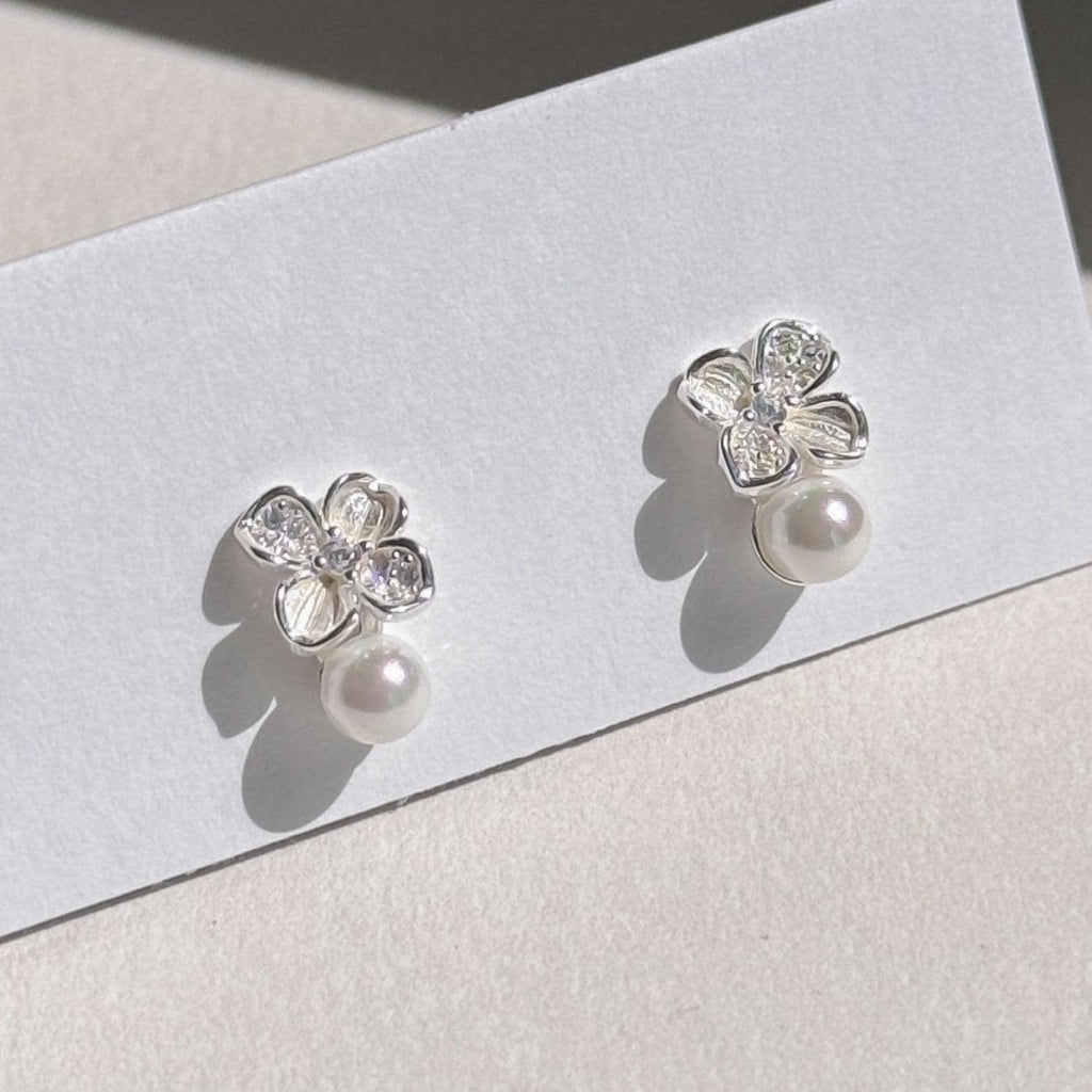 CZ Flower Freshwater Pearl Stud Earrings