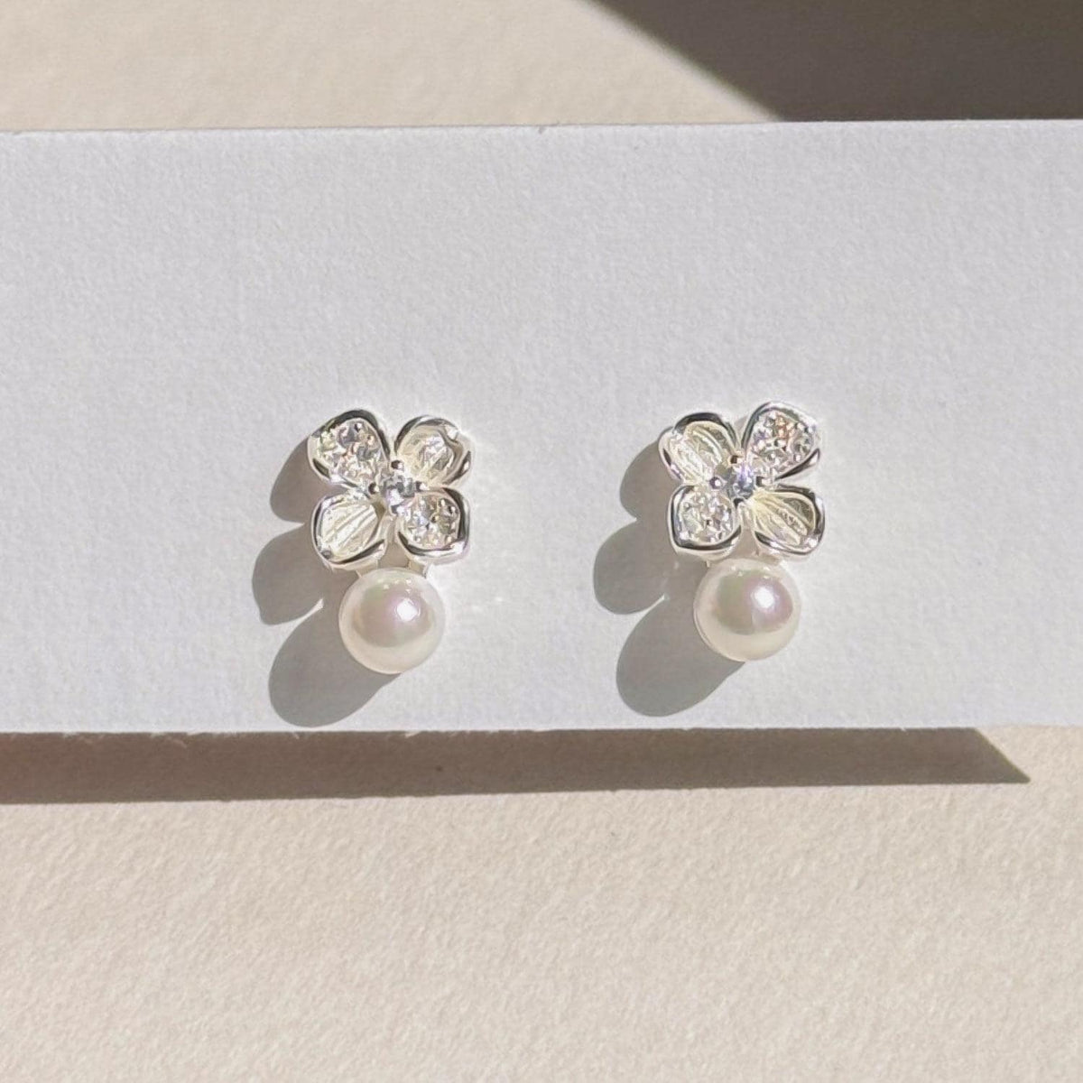 CZ Flower Freshwater Pearl Stud Earrings