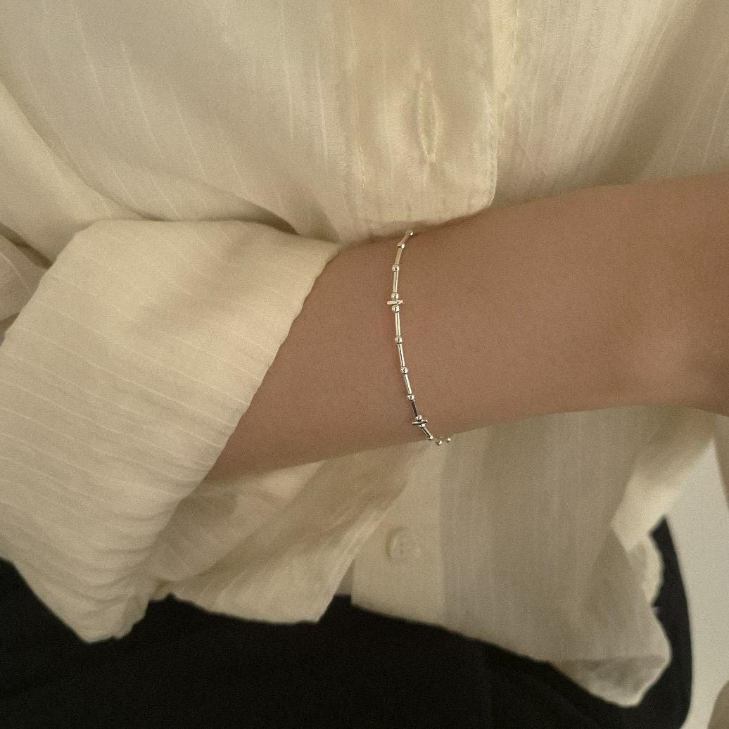 Minimal Silver Bar Beaded Bracelet